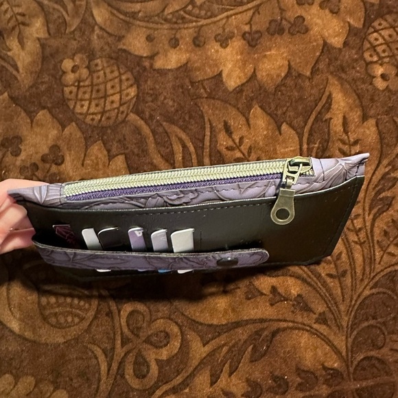 Wallet purple flowers black purse pall card holder zipper hand made - Picture 4 of 8